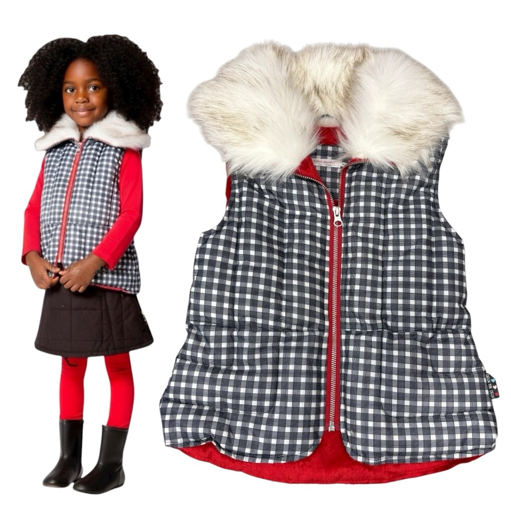 Deux par Deux Call Me Baby Checked Fur Collar Minky Lined Christmas Vest 5